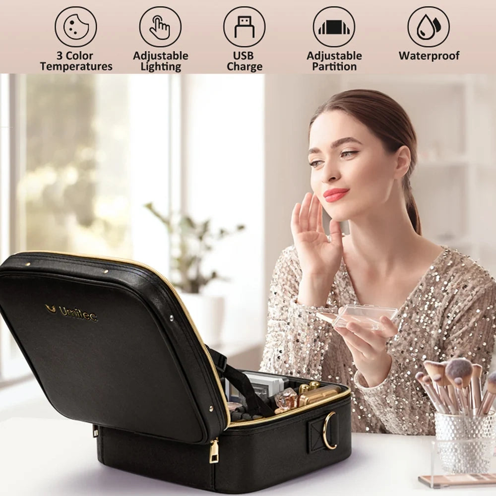 A women apply some makeups with Umitec Makeup travel Bag