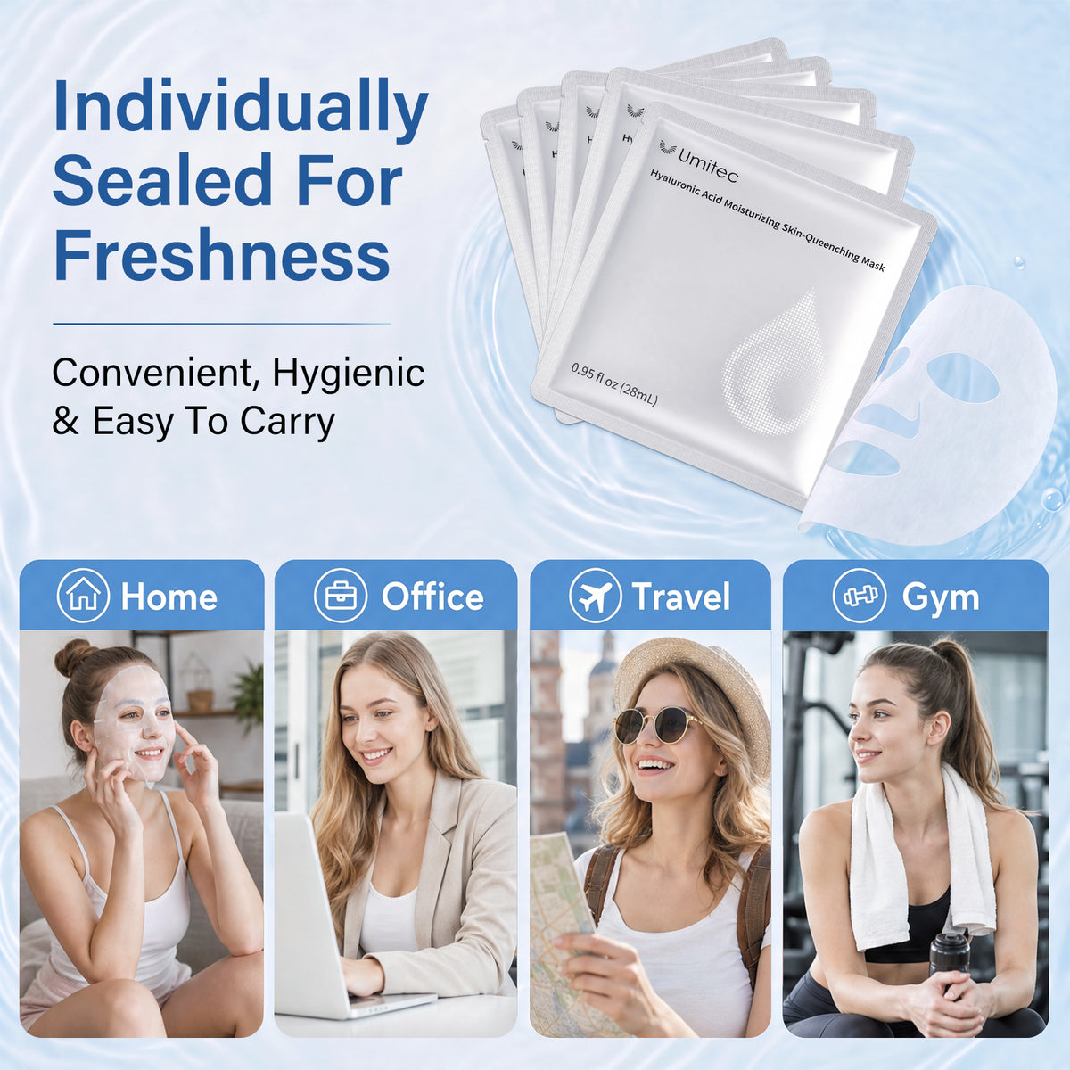 The mask has individually sealed for freshness. Convenient, hygienic & easy to carry. Could apply at home, office, travel and gym