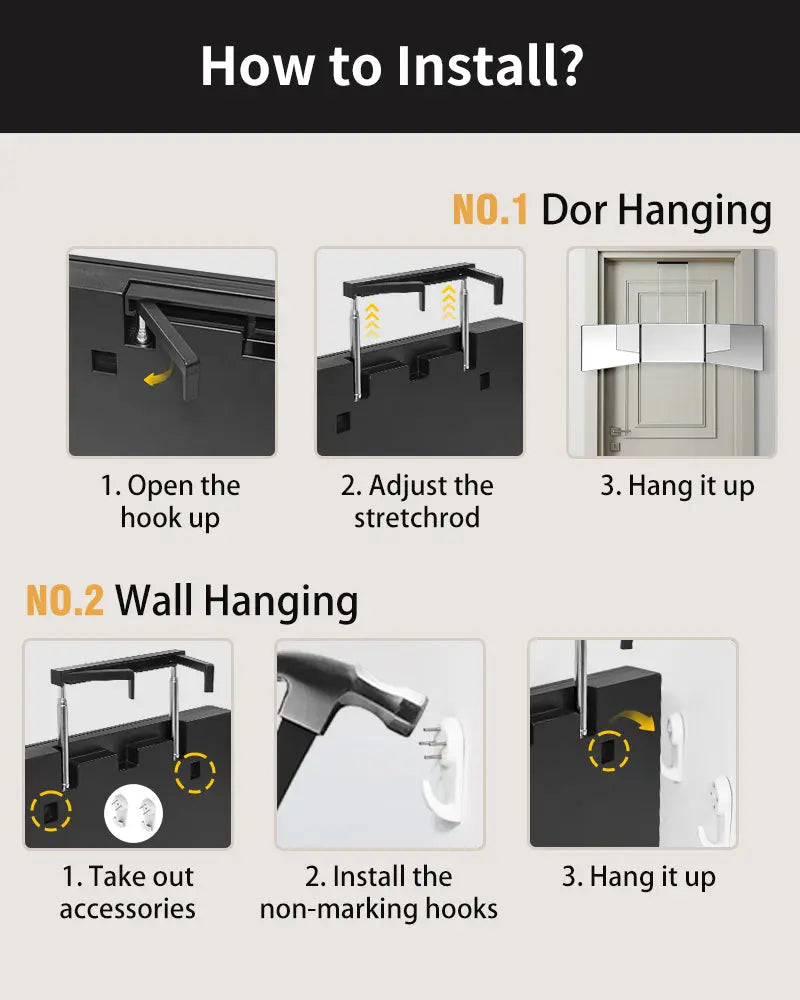 Steps to hanging Umitec Hook-on trifold mirror on door or wall
