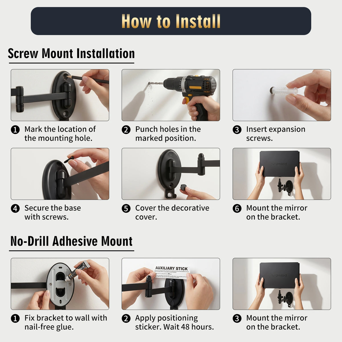 Two installion mentions of Umitec wall-mounted trifold mirror: Screw or glue