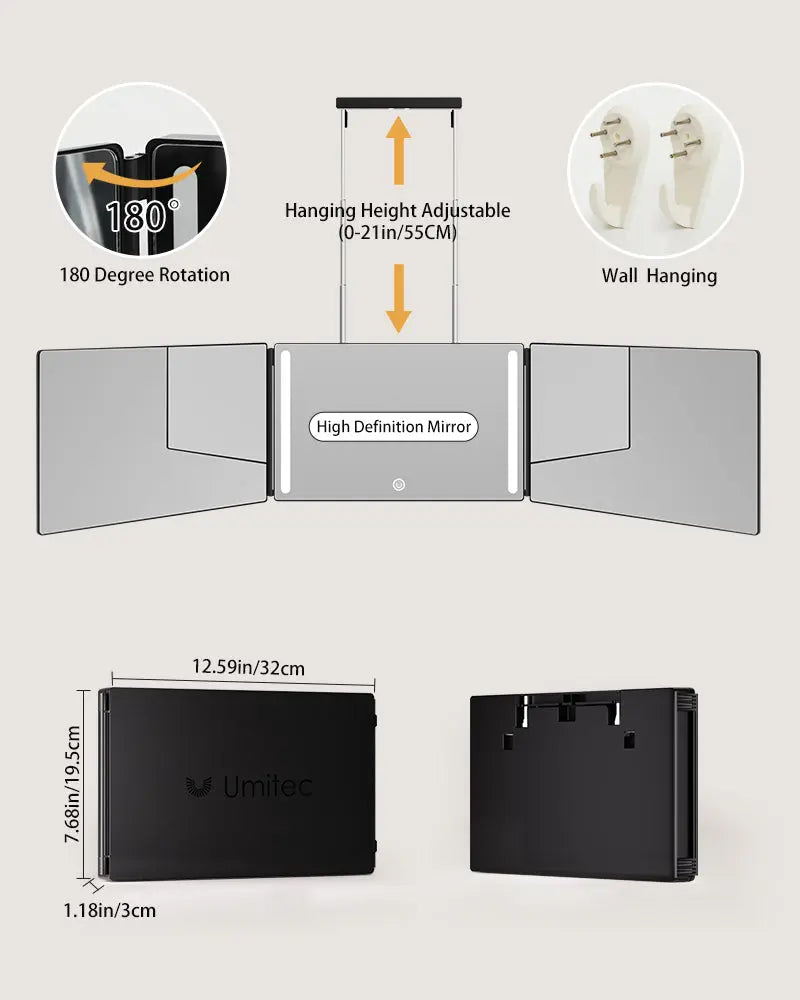 Close-up view of Umitec Mirror’s: 180 degree rotation, hanging height adjustable from 0-55cm, High definition mrror and the product dimensions