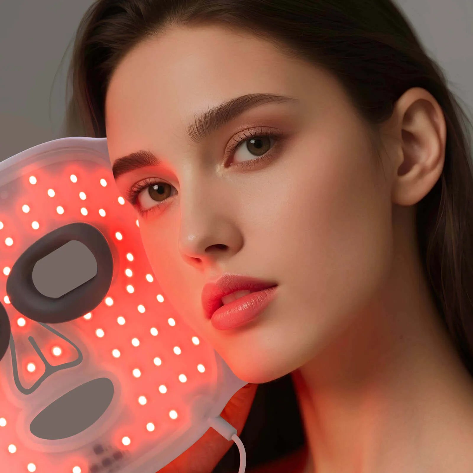 Model using Umitec LED Light Therapy Mask for skincare and anti-aging treatment