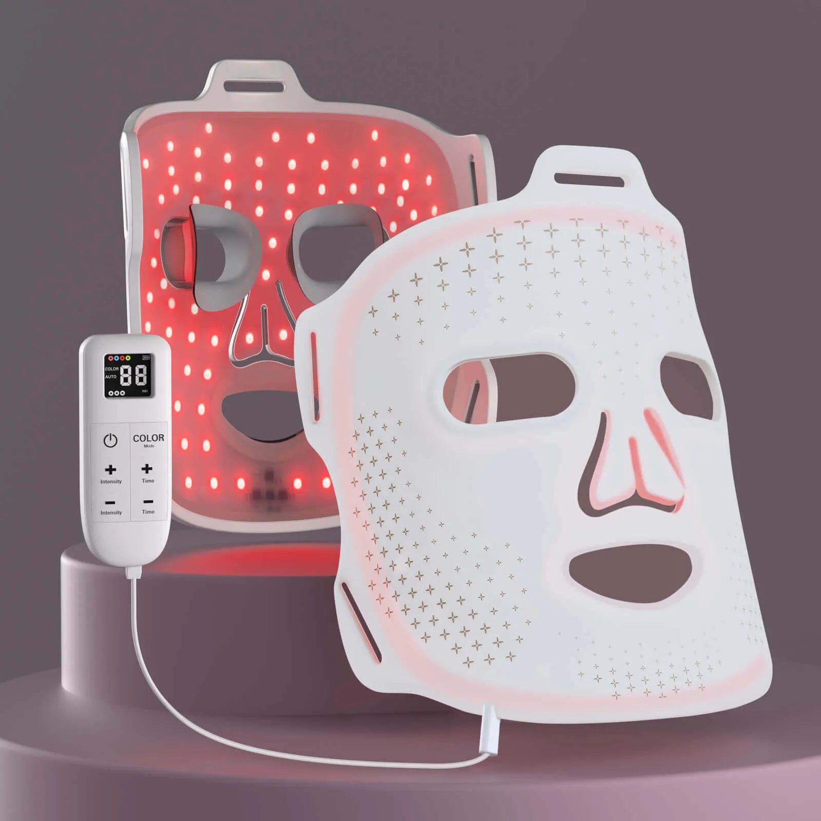 Umitec 4-Modes LED Face Mask showing red light therapy mode with remote control