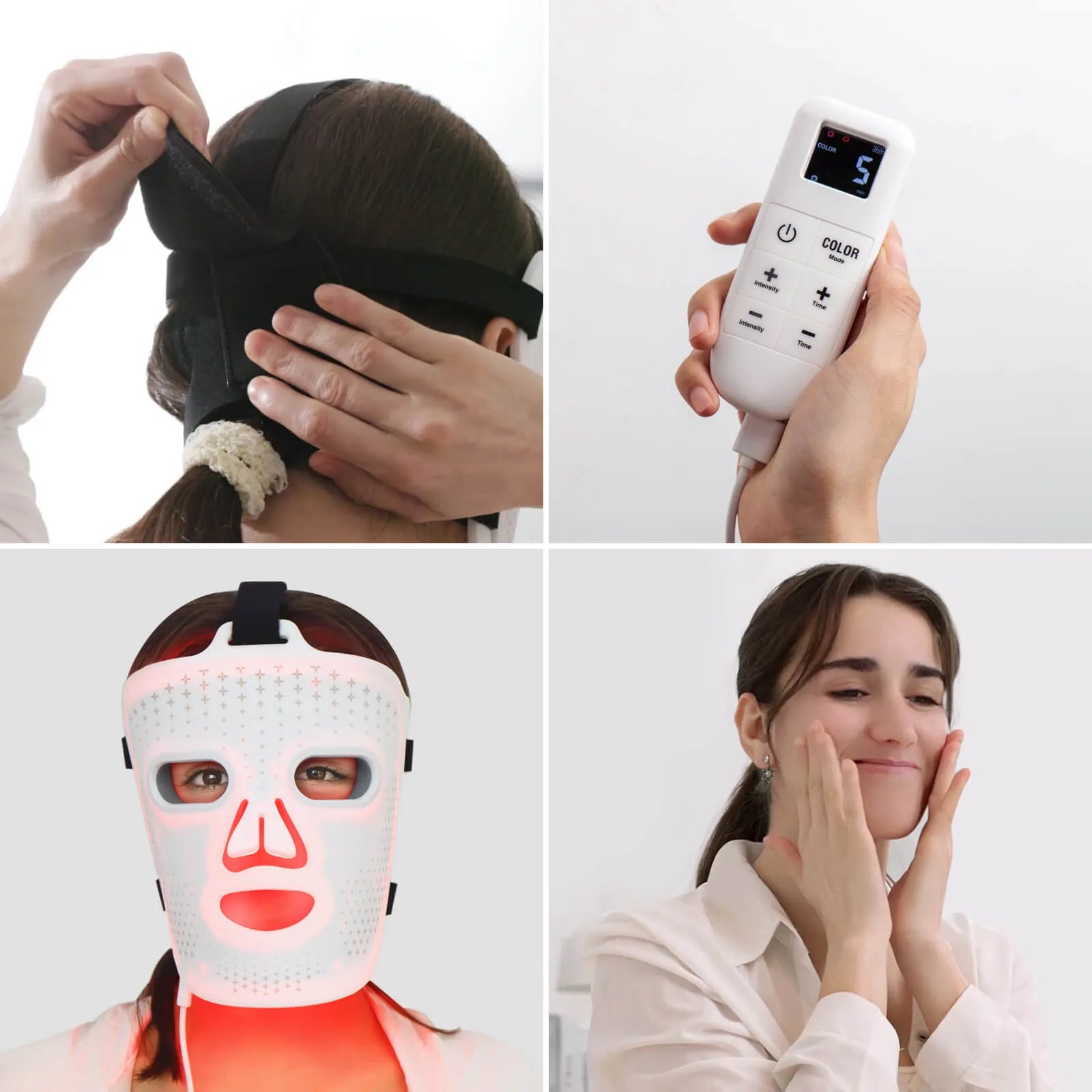 Detail view of Umitec LED Mask remote control and skincare routine application steps