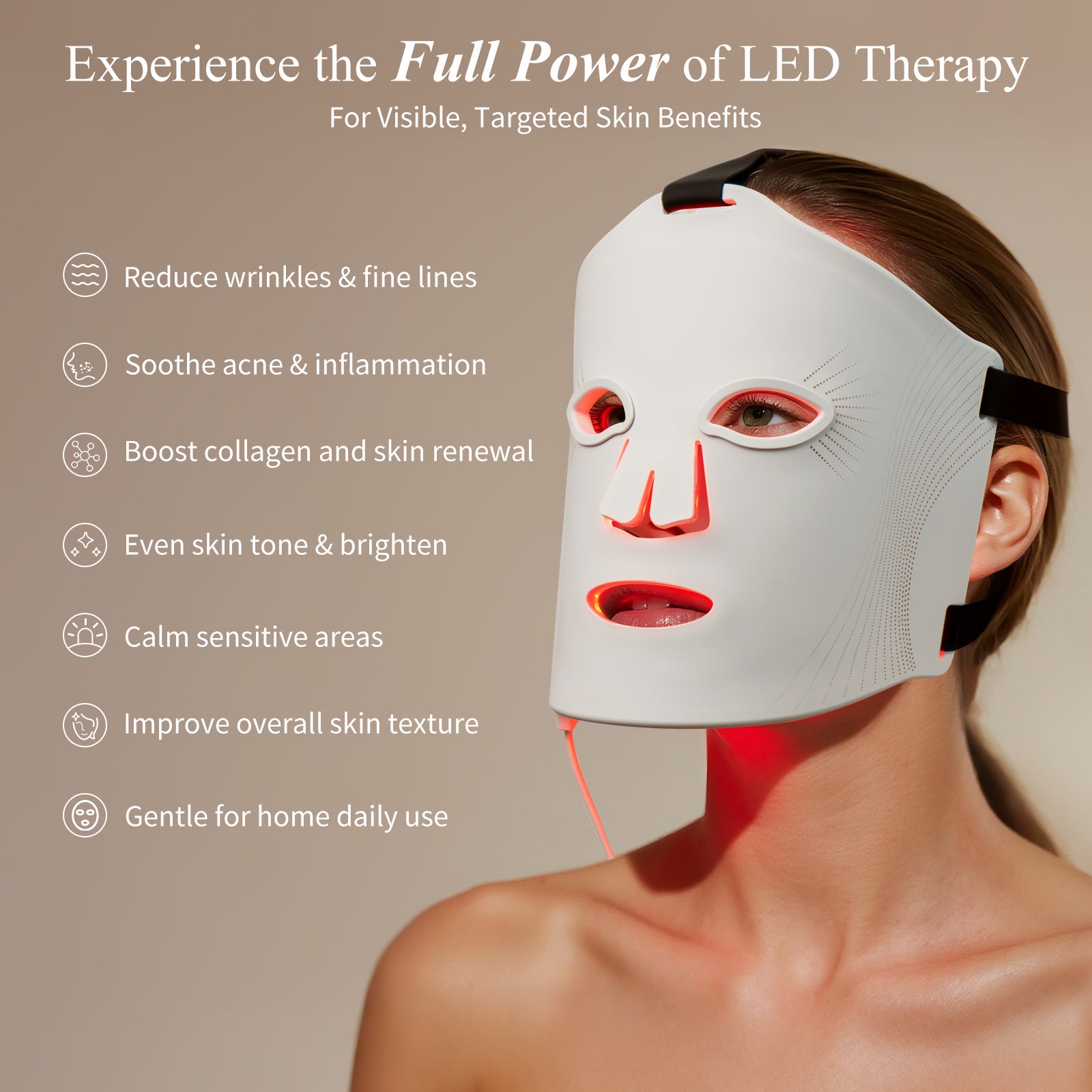 Umitec LED Mask Series 2 showcasing its skin benefits including reducing wrinkles, soothing acne, and boosting collagen.