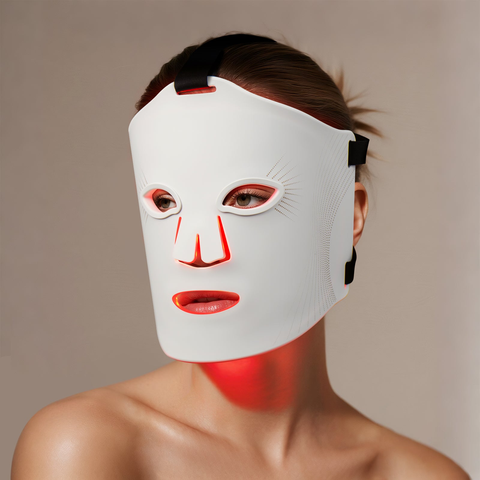 Umitec LED Mask Series 2 front view showing red light therapy in use on a model.