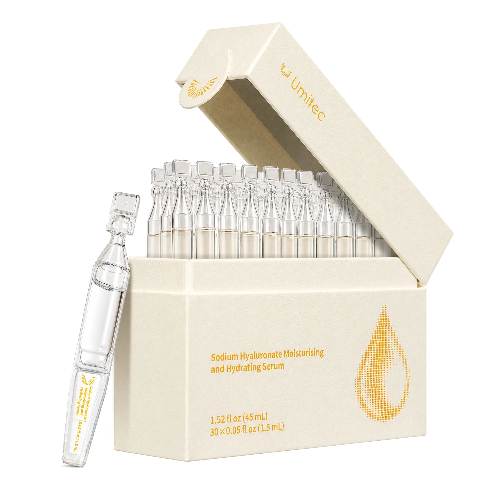 Umitec Sodium Hyaluronate Moisturing and Hydrating Serum, 30 individually sealed Ampoules, 0.05 fl oz (1.5ml) each, for dry skin & Dewy Glow