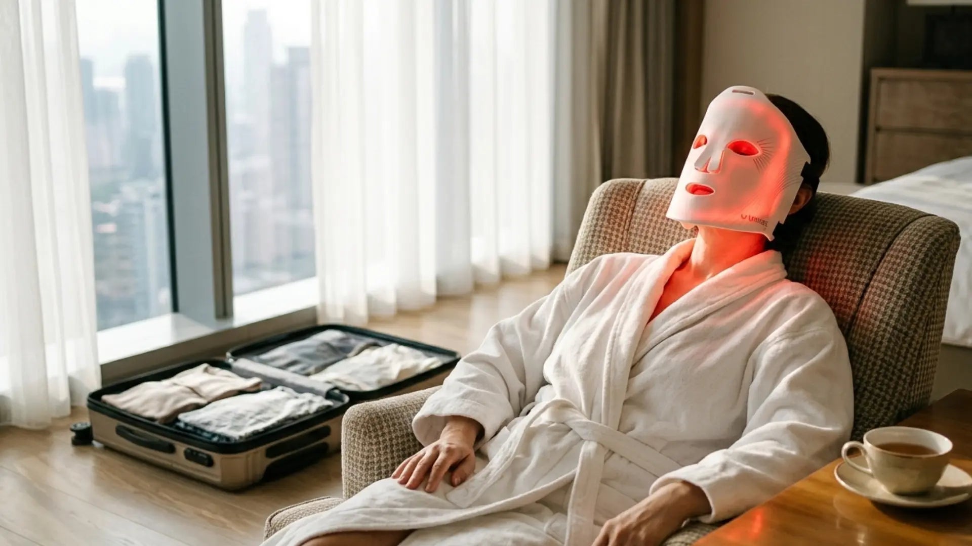 Traveler using Umitec LED face mask during hotel skincare routine