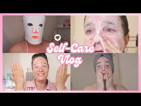 A multi-step self-care vlog featuring the Umitec LED Mask Series 2, showing the full skincare process including facial cleansing, 10-minute LED therapy, and post-treatment eye care.