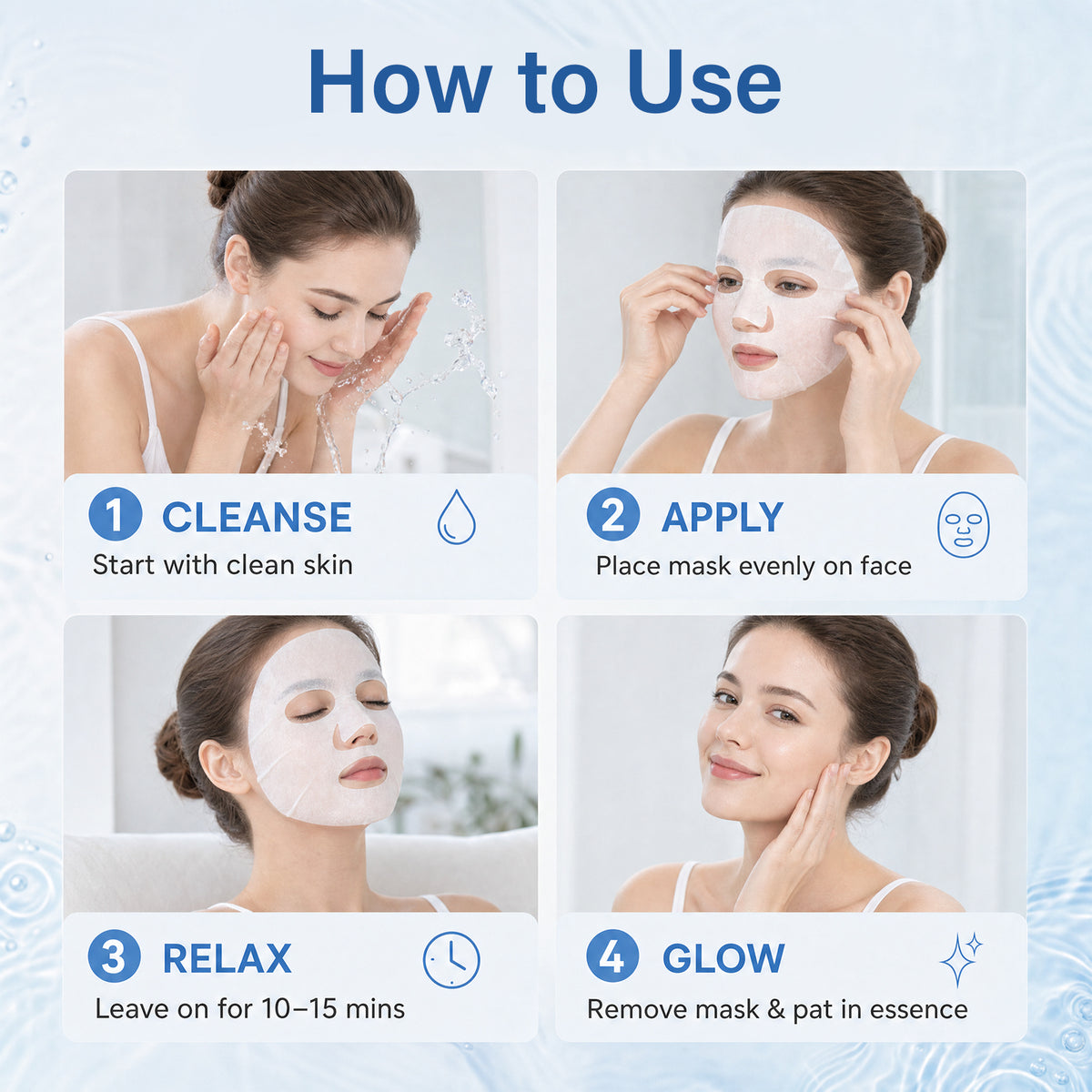How to use the mask: start with clean skin, place mask evenly on face, leave on for 10-15 mins, remove mask & pat in essence