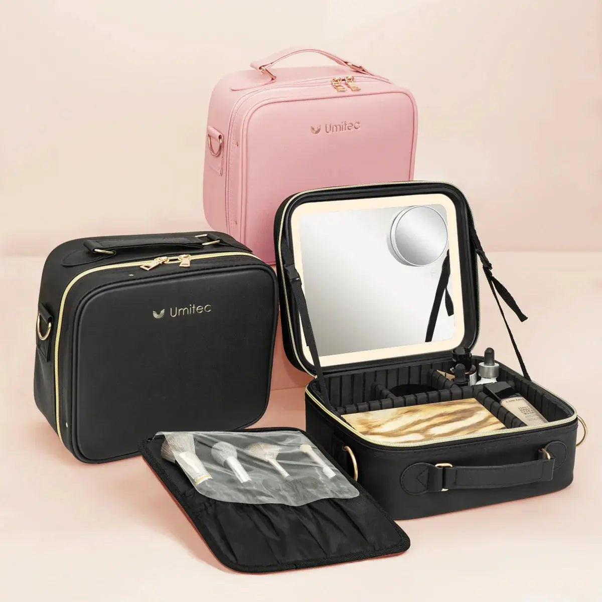 Umitec Makeup Kit Travel Bag with 3 color LED Mirror