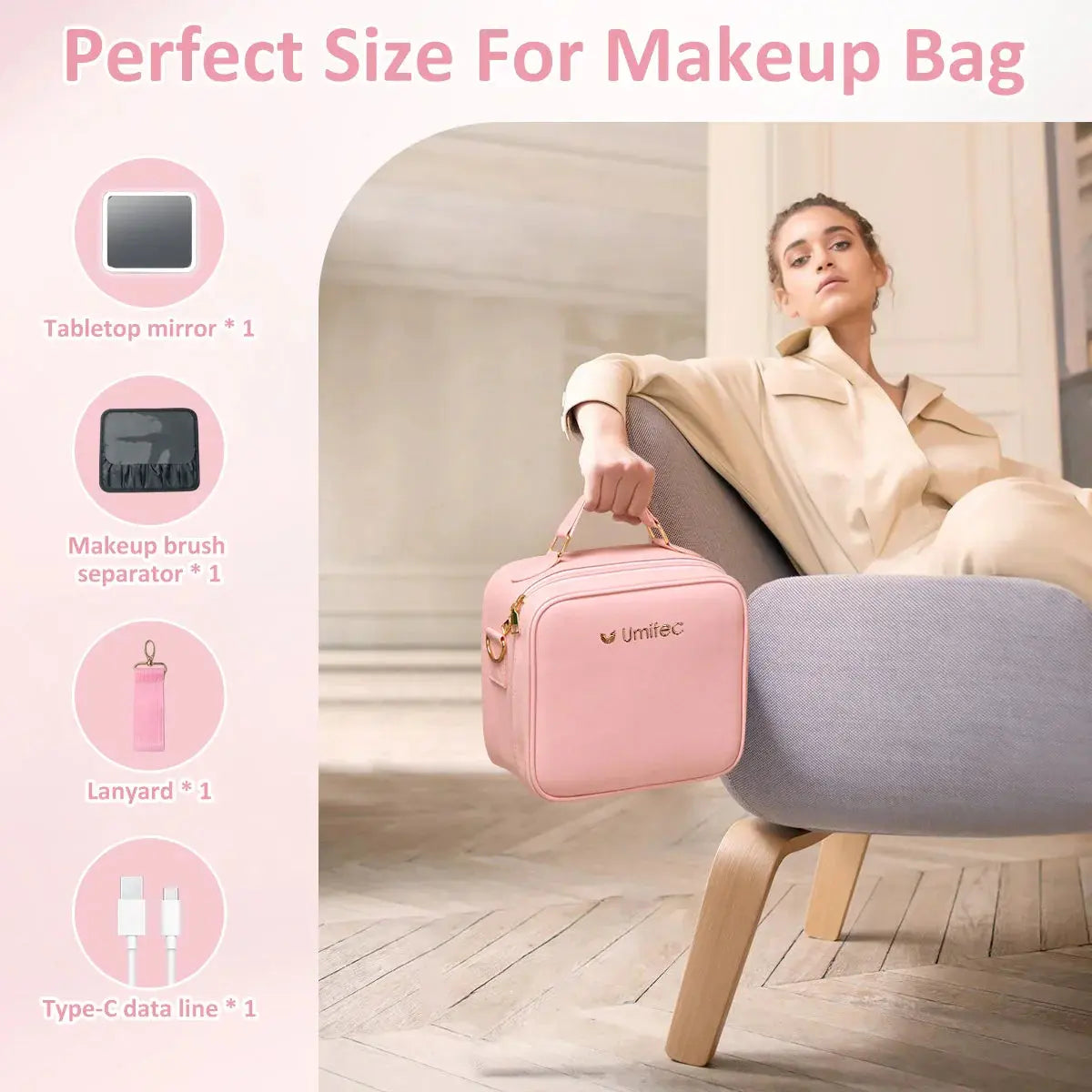 Umitec Makeup Kit Travel Bag with 3 color LED Mirror