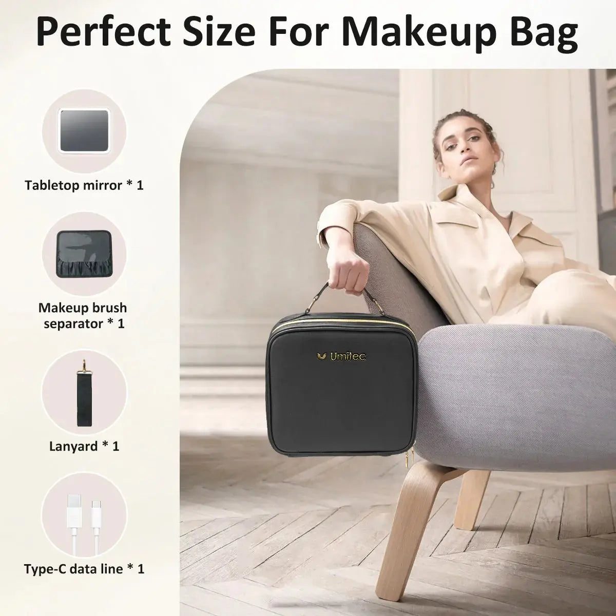 Umitec Makeup Kit Travel Bag with 3 color LED Mirror