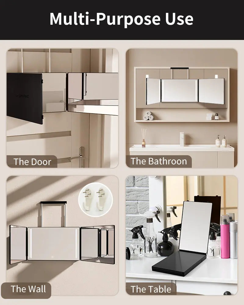 Umitec Portable Vanity Mirror showing its lightweight and travel-friendly design, suitable for back of the door, bathoom, the wall abd table