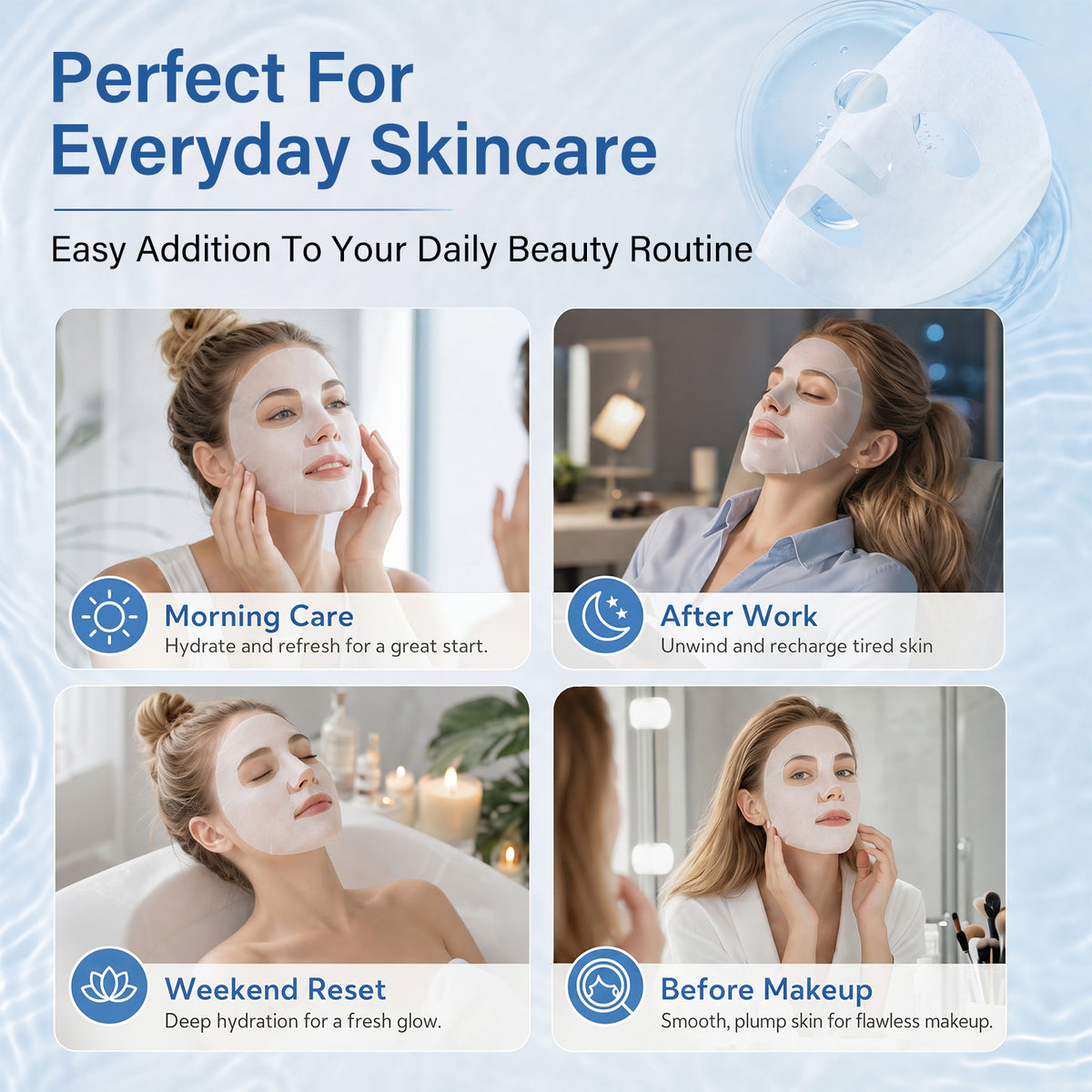 Easy addition to daily beauty routine, suitable for using in morning care, after work, weekend rest and before makeup