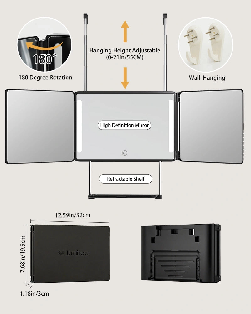 Close-up view of Umitec Mirror’s: 180 degree rotation, hanging height adjustable from 0-55cm, High definition mrror and the product dimensions