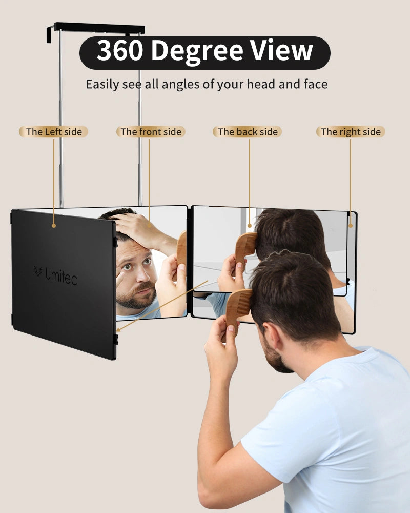 Demonstration of Umitec 3-Way Mirror being used for hairstyling from multiple angles