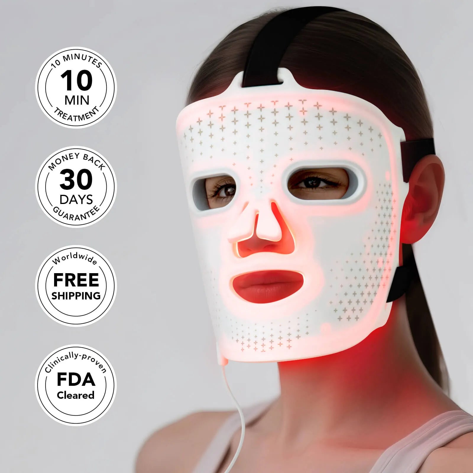 Woman wearing Umitec LED Face Mask with red light therapy activated, showing product features