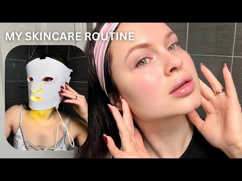 A user demonstrating their skincare routine with the Umitec LED Mask Series 2, showing the product in use alongside glowing, healthy skin results.