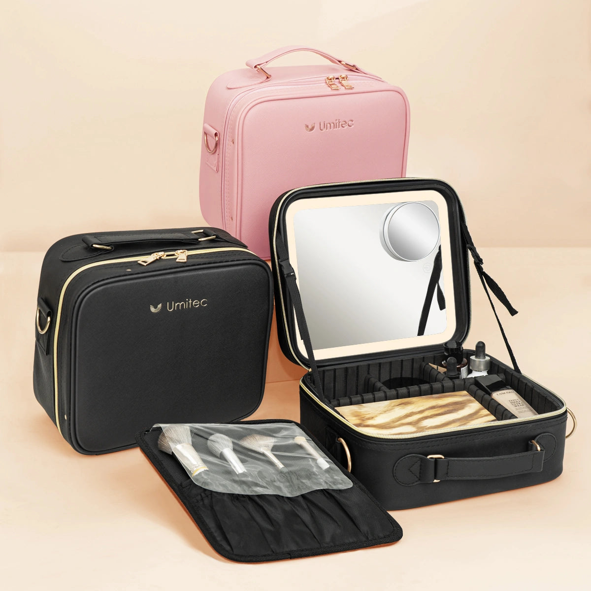 Umitec Makeup Kit Travel Bag collection with black and pink