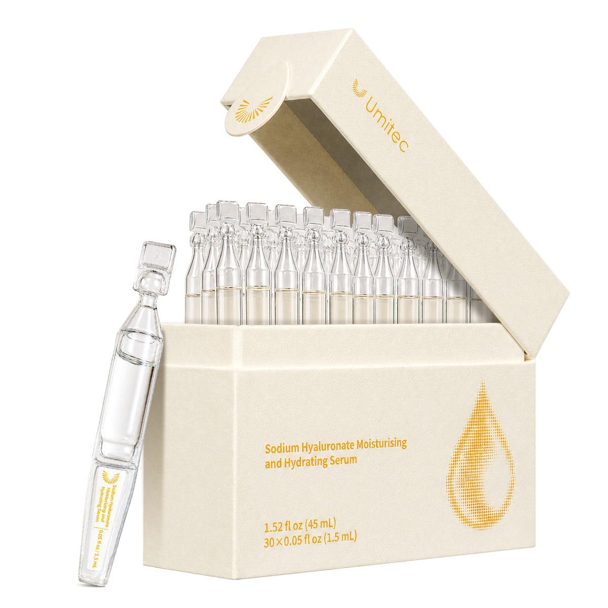 Umitec Sodium Hyaluronate Moisturing and Hydrating Serum, 30 individually sealed Ampoules, 0.05 fl oz (1.5ml) each, for dry skin & Dewy Glow
